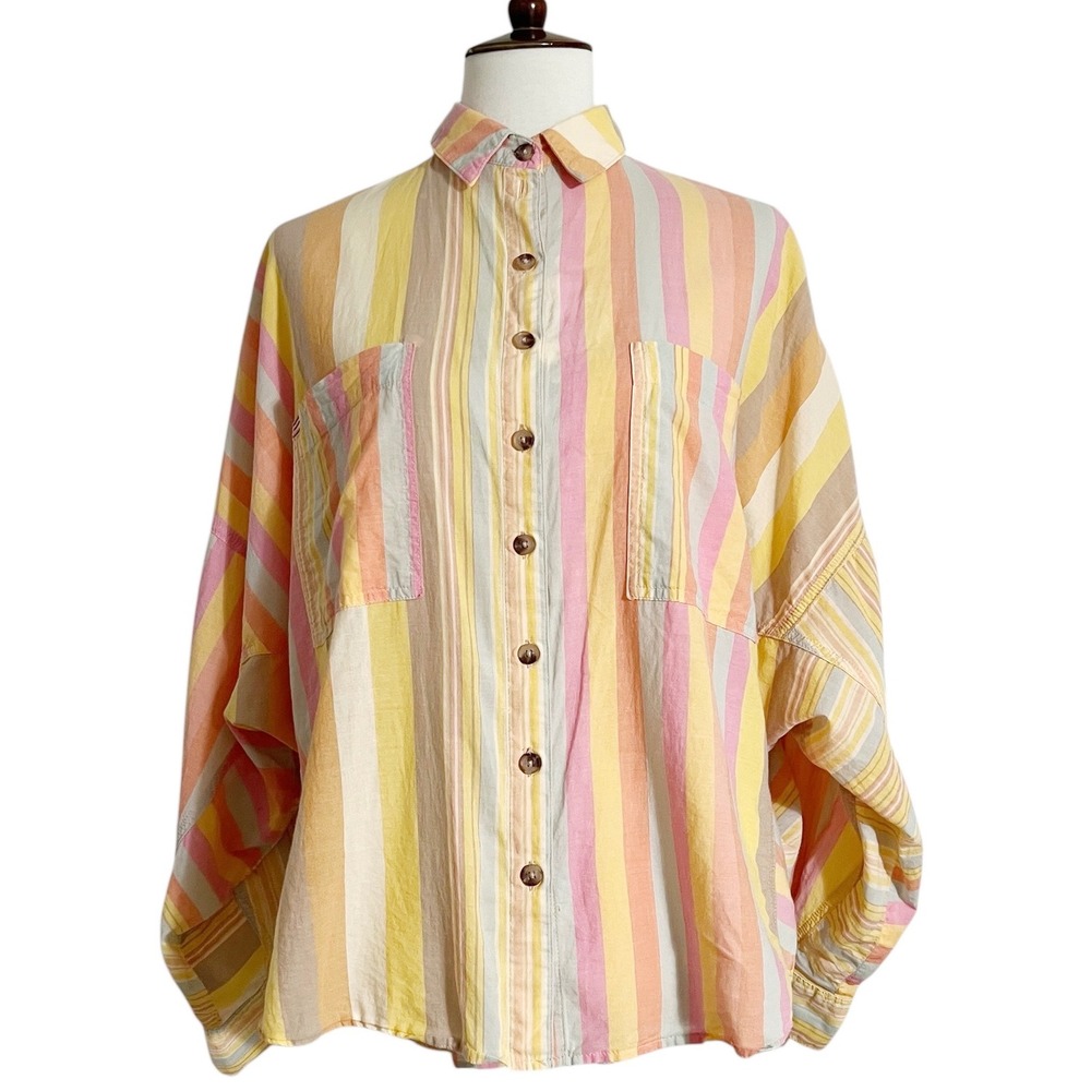 BDG Urban Outfitters Striped Button Down‎ Oversized Shirt XS Pastel Rainbow